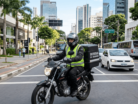 Motoboy profissional da ABH realizando entregas em BH com baú padrão de 80 litros