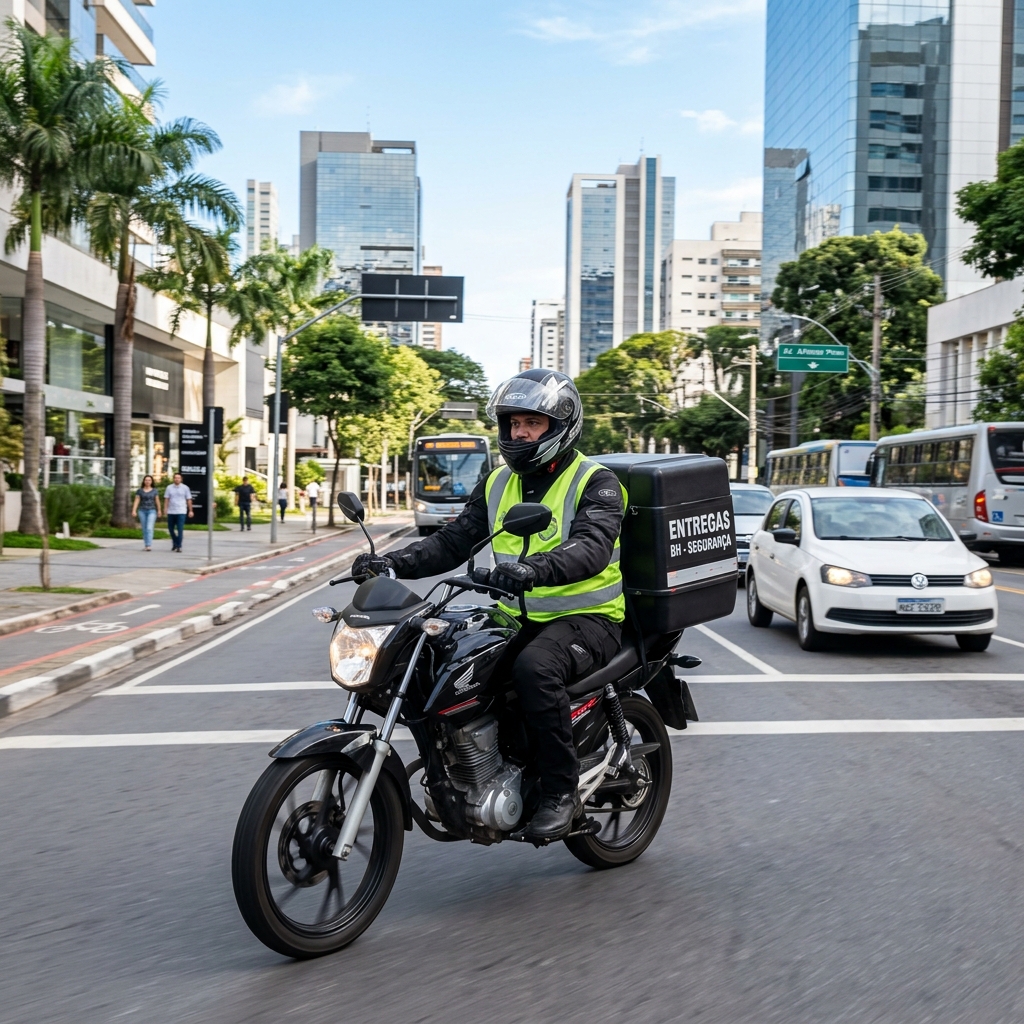 Motoboy profissional da ABH realizando entregas em BH com baú padrão de 80 litros
